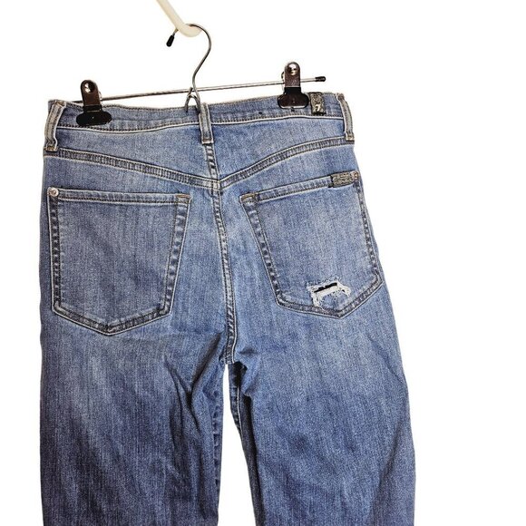 7 For All Mankind High Waist Cropped Straight Jeans - Button Fly Distressed Deni - Picture 11 of 12